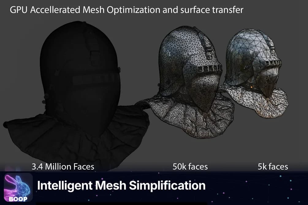 GPU accelerated mesh optimization — 3.4M faces to 50k to 5k faces